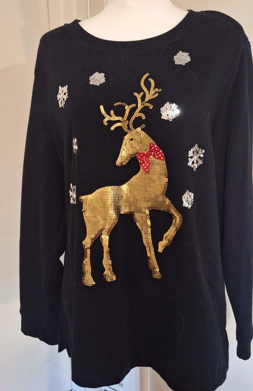 TeacherCore, Reindeer Sequin Holiday Black Sweatshirt, LX, Twee - Picture 5 of 10